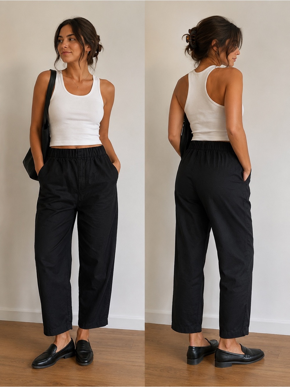 Gap Women Relaxed Tapered Pants Size S Black Pockets Cotton Linen Elastic Waist - Picture 2 of 8